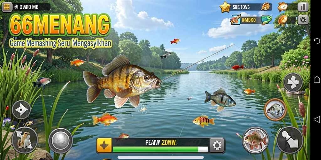 Screenshot menunjukkan pemain tengah memancing di danau yang indah.