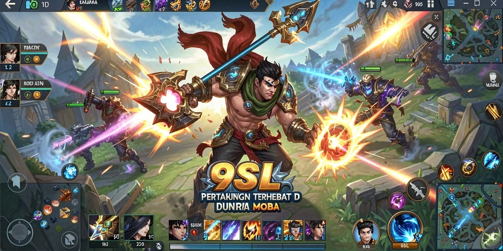 Tangkapan layar gameplay seru di 9SL dengan aksi seru permainan MOBA.