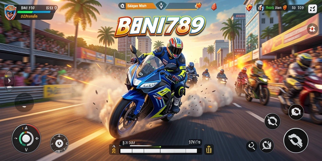 Screenshot dari gameplay BNI789 yang menampilkan balapan motor yang seru.