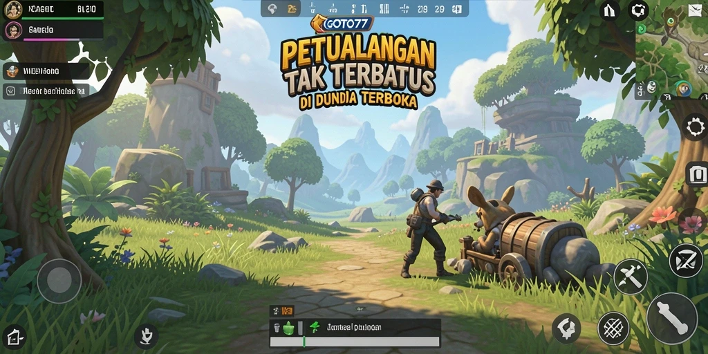 Screenshot GOTO77 menampilkan pemain menjelajahi hutan lebat dalam game Open World.