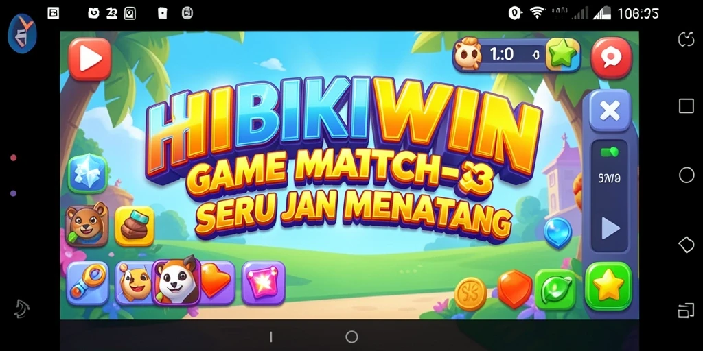 Screenshot HIBIKIWIN menunjukkan gameplay Match-3 yang seru dan berwarna-warni.