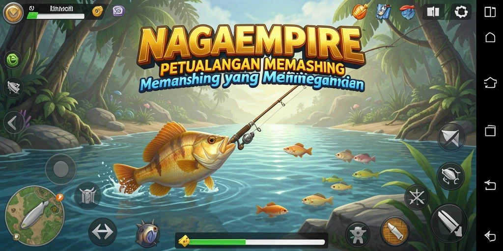Screenshot gameplay NAGAEMPIRE menunjukkan momen menangkap ikan yang mendebarkan.