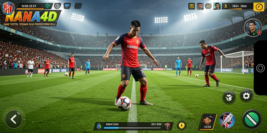 Screenshot utama NANA4D yang menunjukkan aksi seru di lapangan sepak bola.