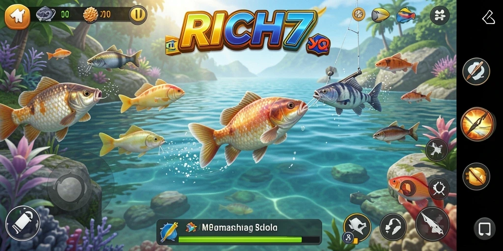 Screenshot RICH7 menampilkan pemain yang menangkap ikan di laut yang indah.