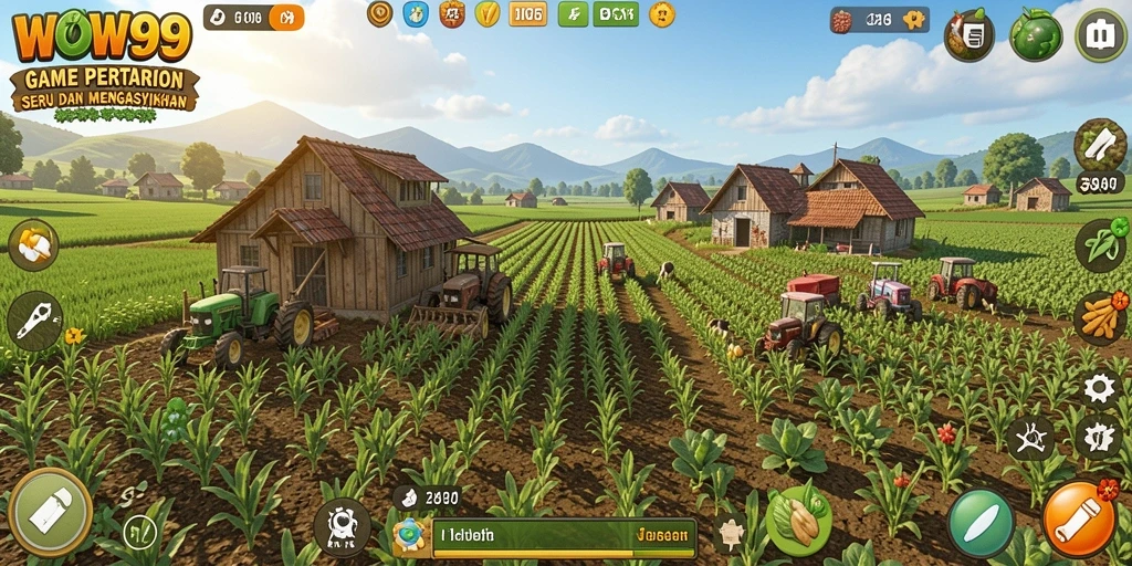 Tampilan gameplay WOW99 yang menampilkan kebun hijau yang subur.